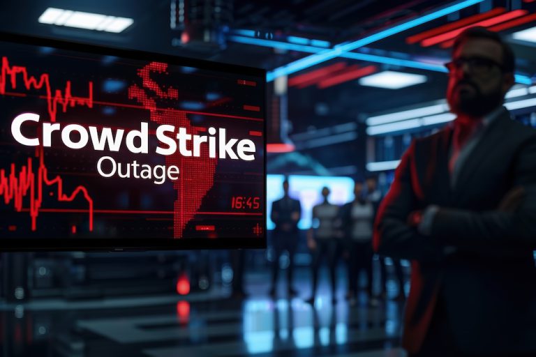 Business man arms crossed in office next to Crowd Strike outage monitor.