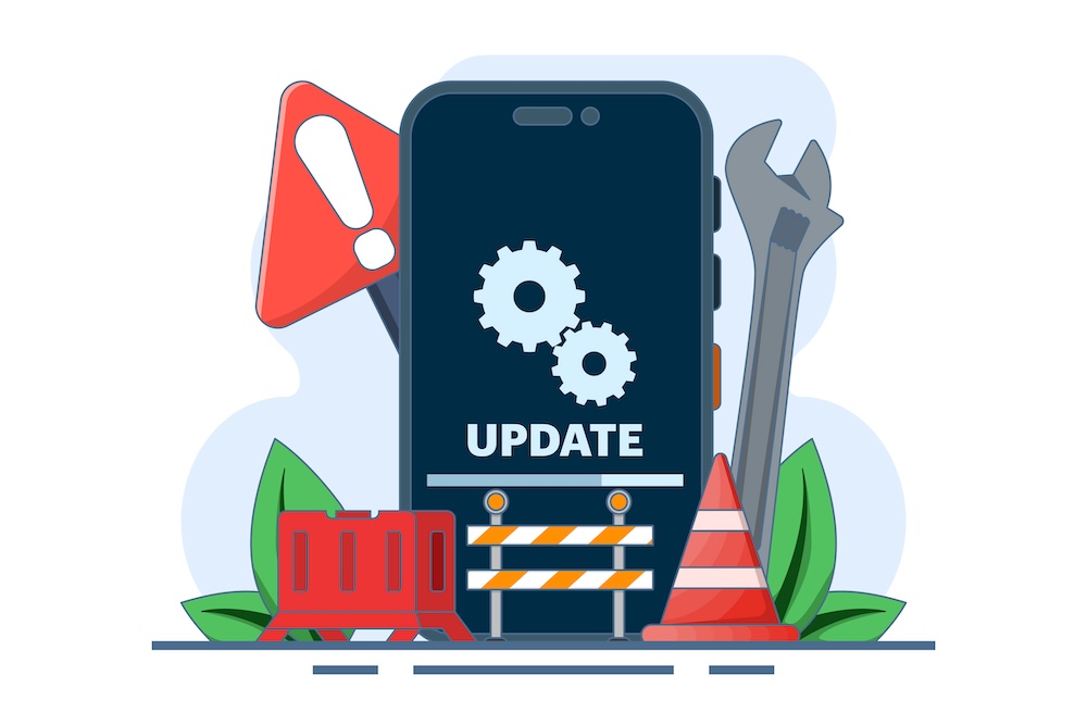 System maintenance concept, Error, Fix IT problems, Device update, Software update, System update, Operating system update.