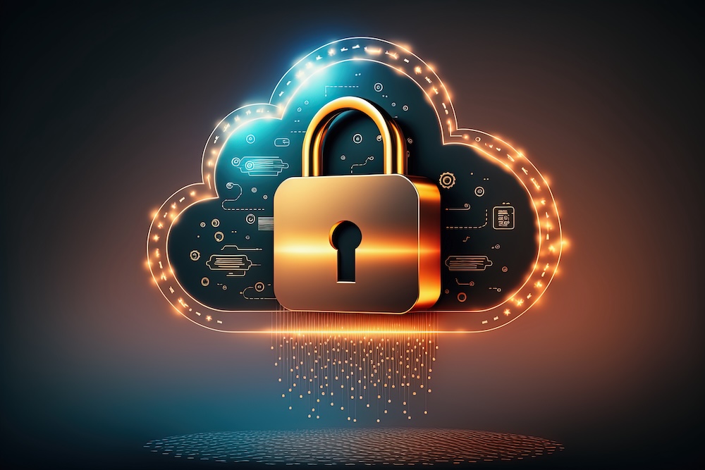 eon cloud with locked padlock on dark background. Concept of data protection technology, security and confidentiality. Safety, encryption, privacy, digital cybersecurity. AI