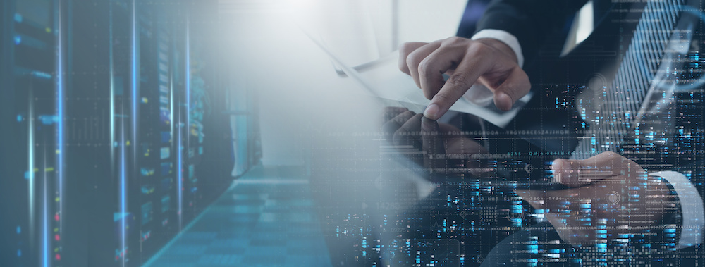 Computer engineer using digital tablet with server room, data center, big data storage as backgrounds, digital technology, database, IT support, Managed IT concept