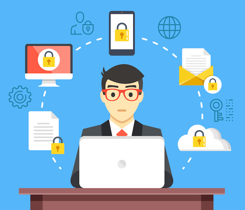 Information security, cybersecurity, data protection concept. Man at computer at work.